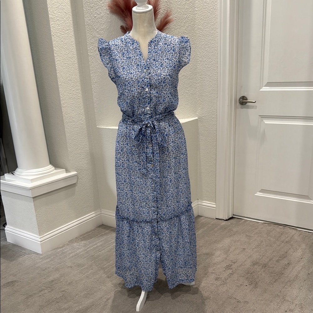 Draper James Blue and White Tiered Ruffled sleeve Tie Waist Maxi Dress Size XL - Picture 2 of 10